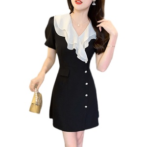 RM10015#短袖法式气质连衣裙2023夏季新款收腰显瘦韩版中长款小个子小黑裙