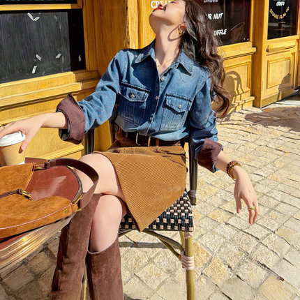 JUNJUN拼麂皮牛仔衬衫，可法式可港风，亦是叠穿神器！