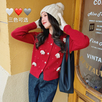 JUNJUN雪花毛衣，钉珠刺绣重工法式氛围感开衫外套