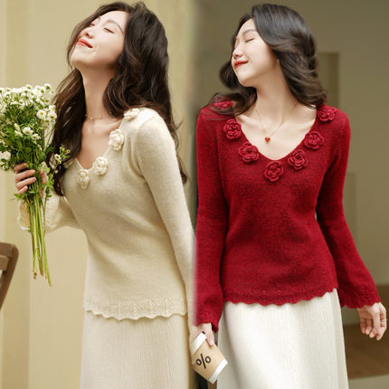 JUNJUN手工玫瑰毛衣，羊毛混纺，法式浪漫优雅