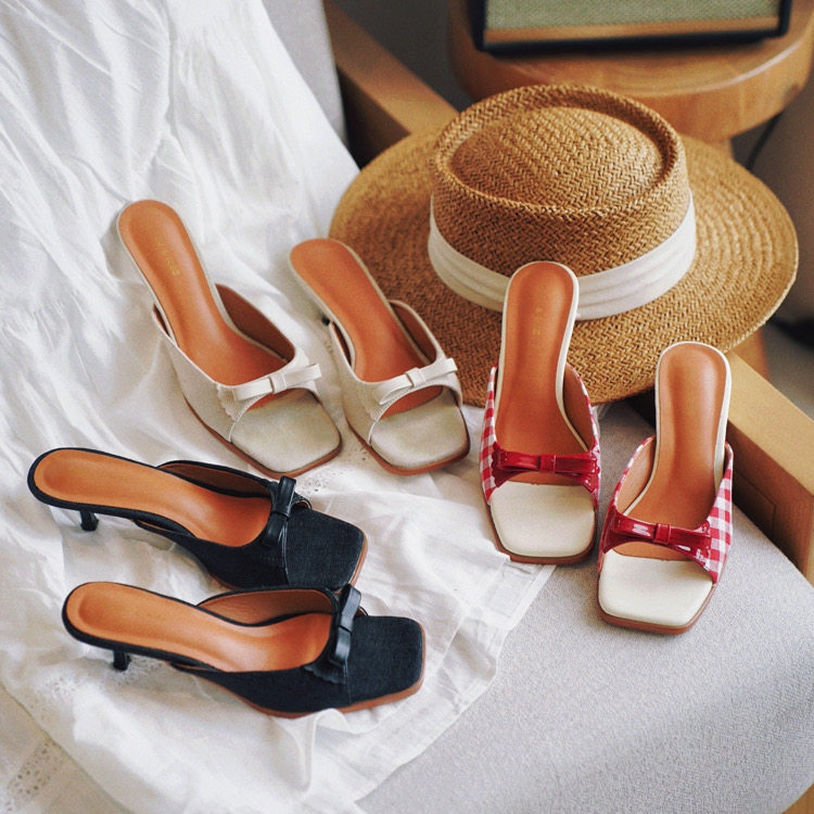 junjun足尖蝴蝶结 法式小众方头复古凉鞋 3色可选