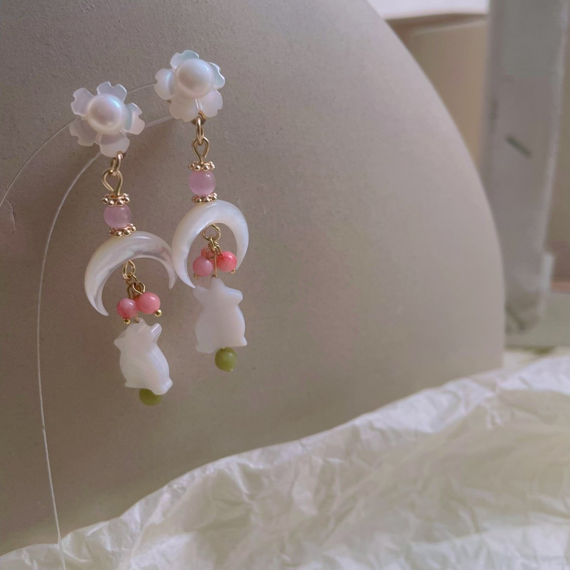 missu 月兔仙贝壳兔子粉珊瑚珠白蝶贝月亮珍珠多way佩戴耳钉耳饰