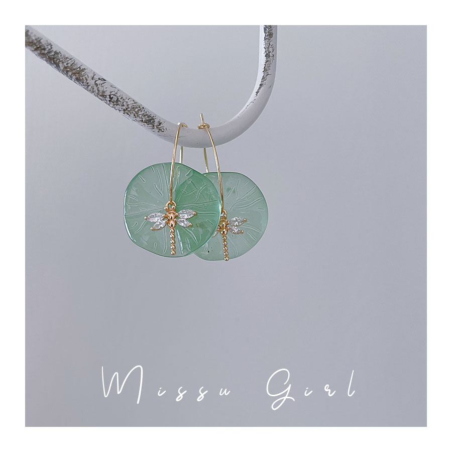 missu 早有蜻蜓立上头绿玉琉璃荷叶合金微镶小蜻蜓圈圈耳环耳饰