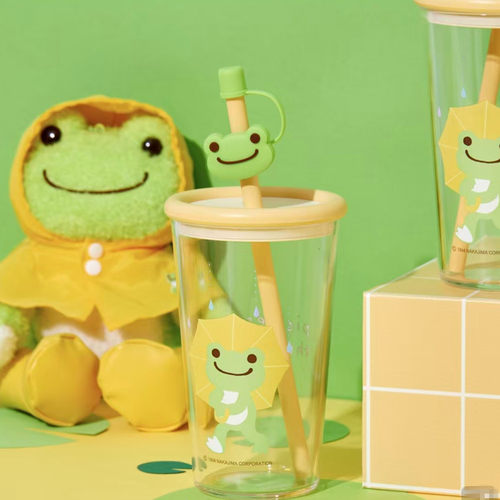 韩国代pickles the frog泡菜蛙撑伞玻璃杯 带吸管盖防尘塞 高颜值
