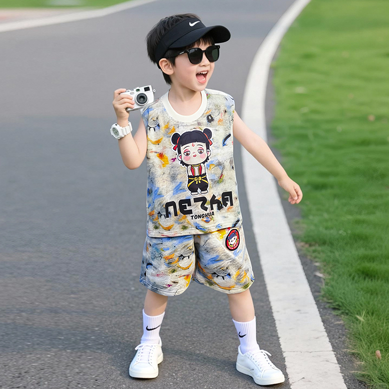 韩国男童背心套装外穿夏季2025新款帅气男宝宝卡通无袖哪吒两件套