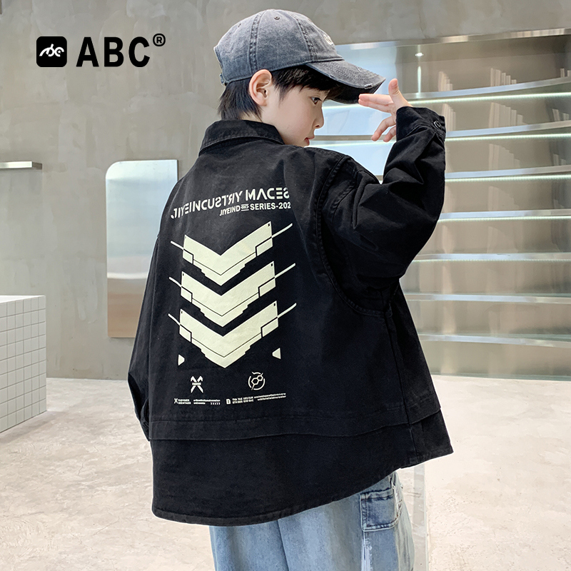 ABC男童春秋印花装饰衬衫儿童春款帅气夹克中大童春秋款韩版外套