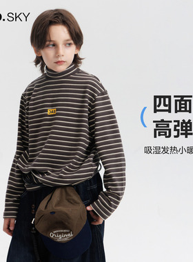 anothersky 男童秋冬德绒打底衫2025新款儿童条纹半高领长袖厚t恤