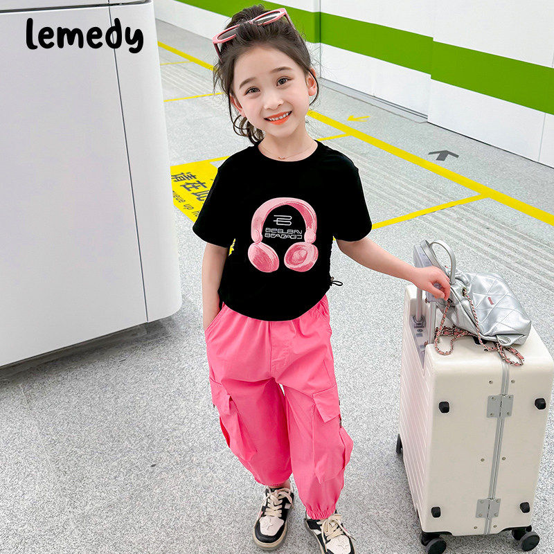 韩国Lemedy女童短袖套装2026新款夏季薄款小孩童夏装工装裤两件套