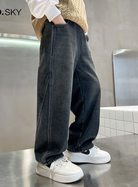 anothersky 男童秋冬直筒加绒修身牛仔裤2025新款儿童休闲厚裤子