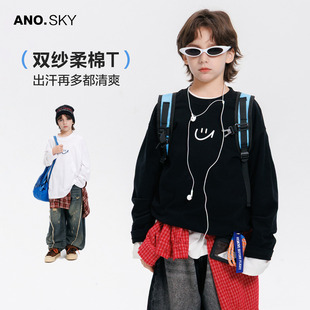 anothersky 儿童春秋装白色打底衫纯棉T恤2025新款男大童长袖上衣