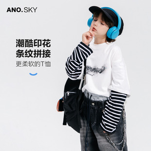 anothersky 男童春秋假两件纯棉t恤2025新款儿童宽松美式街头上衣