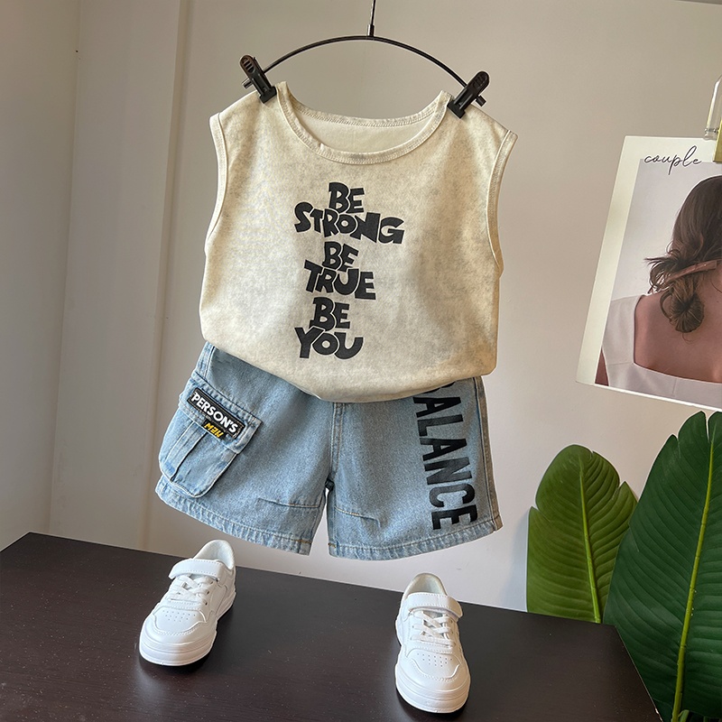 韩国男童套装夏薄款2025新款男孩潮帅气时髦男宝宝夏装背心两件套
