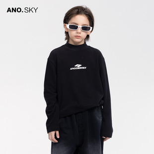 anothersky 男童秋冬黑色半高领德绒打底衫2025新款儿童加厚上衣