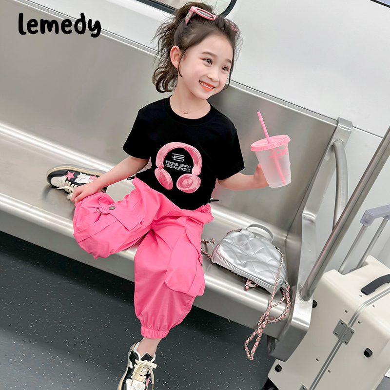 韩国Lemedy女童短袖套装2025新款夏季薄款小儿童夏装工装裤两件套