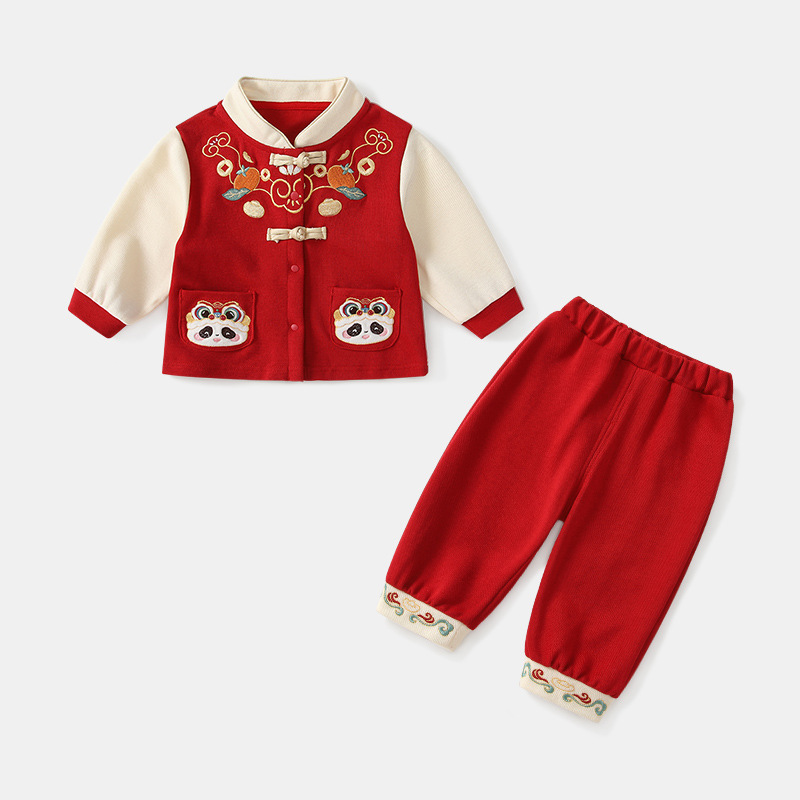 男女小童刺绣盘扣春秋两件套