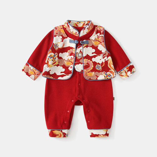 婴儿春秋满月百天衣服新中式大红