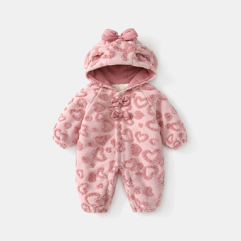 女宝宝连帽夹棉加绒连体棉服