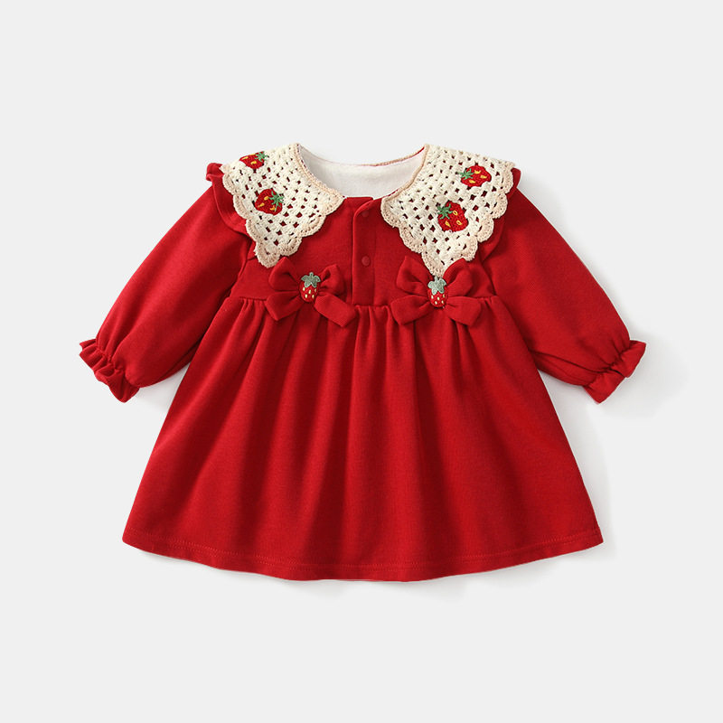 女童红色草莓加绒连衣裙秋冬娃娃领长袖中长裙宝宝公主裙周岁礼服