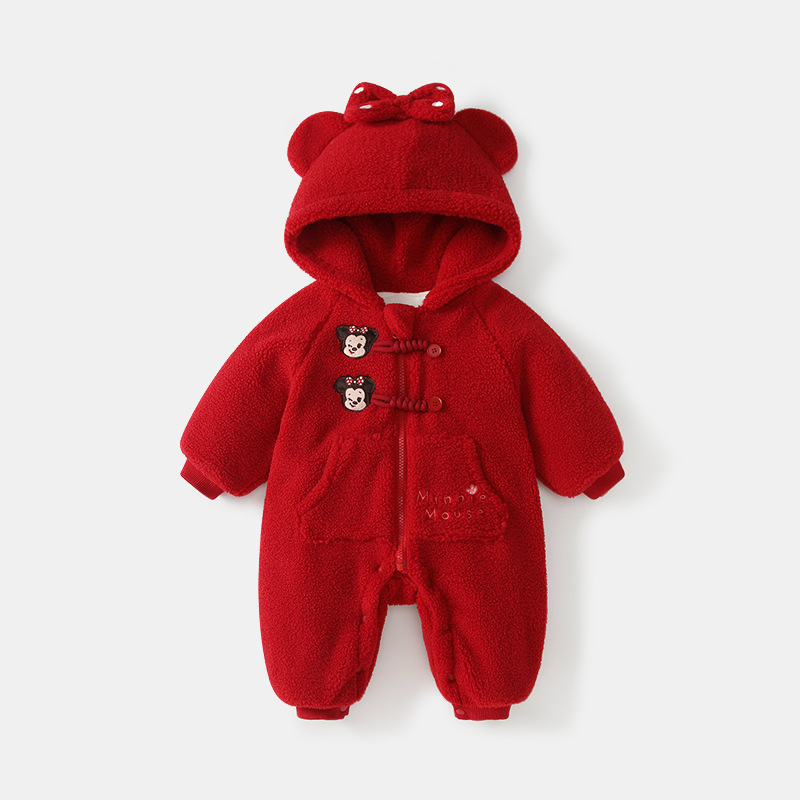 迪士尼婴儿连体衣冬季夹棉加绒保暖连帽米奇哈衣新生儿外出爬服