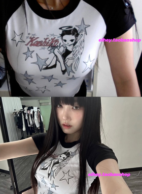 eihey诶嘿Minju同款美少女星星印花短袖T恤圆领黑白撞色百搭上衣