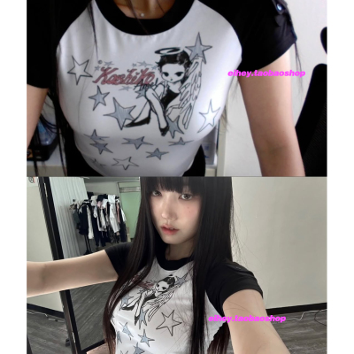 eihey诶嘿Minju同款美少女星星印花短袖T恤圆领黑白撞色百搭上衣