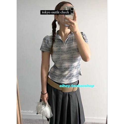 eihey诶嘿半拉链方格纹上衣女