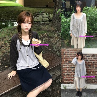 eihey诶嘿韩系复古抽绳条纹拼接休闲百搭大圆领套头长袖T恤上衣女