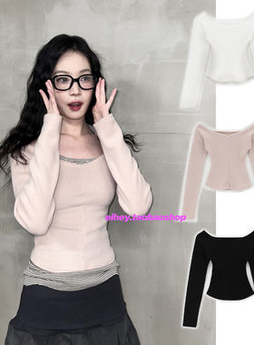 eihey诶嘿中线拼接显瘦纯色露肩短款长袖高级感修身弹力长袖T恤衫