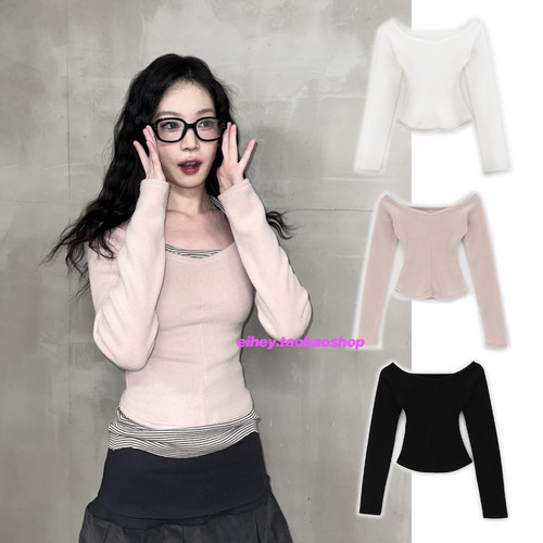 eihey诶嘿中线拼接显瘦纯色露肩短款长袖高级感修身弹力长袖T恤衫