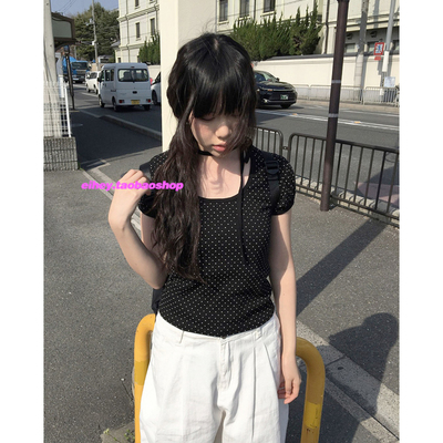 eihey诶嘿甜美休闲系带圆领设计感小众百搭圆点印花修身显瘦T恤女