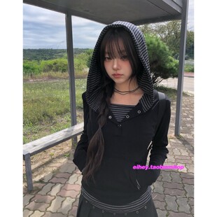 eihey诶嘿春季新款学院风条纹拼接设计假两件纽扣连帽长袖T恤上衣