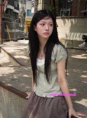 eihey诶嘿韩系温柔风泡泡袖花边短袖显瘦衬衫T恤三粒扣百搭上衣女