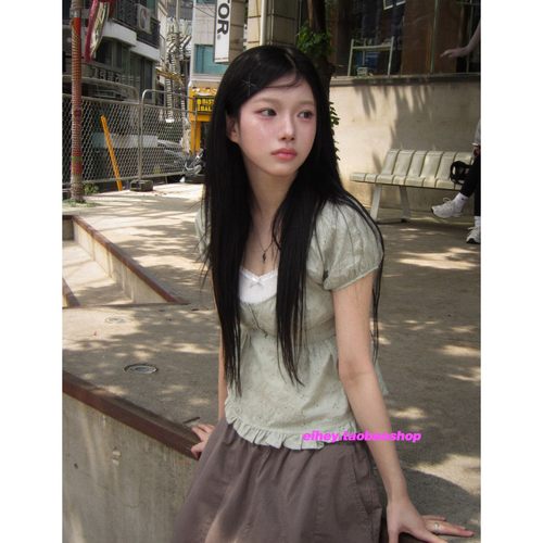 eihey诶嘿韩系温柔风泡泡袖花边短袖显瘦衬衫T恤三粒扣百搭上衣女