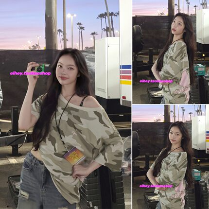 eihey诶嘿郑伊安同款辣妹可露肩迷彩印花上衣宽松舒适百搭短袖T恤