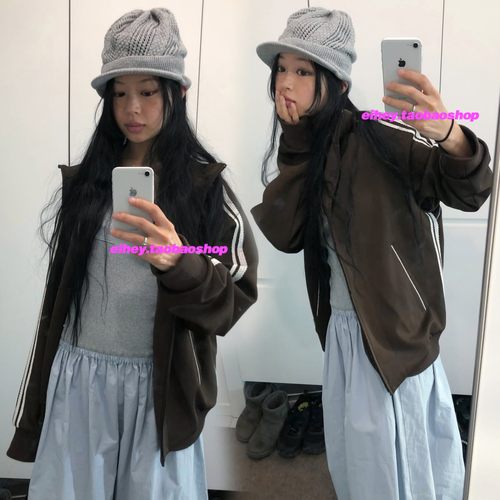 eihey诶嘿秋季新款复古日系蕾丝花边条纹立领运动休闲夹克外套女