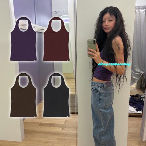 eihey诶嘿韩系简约夏季纯色百搭修身显瘦露背挂脖背心吊带上衣女