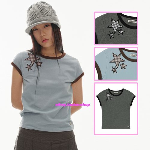 eihey诶嘿夏季星星刺绣贴布拼色休闲修身显瘦圆领短款短袖T恤女