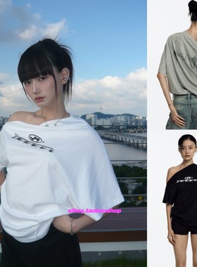 eihey诶嘿夏季新品斜肩气质露肩短袖T恤翅膀字母印花宽松上衣女