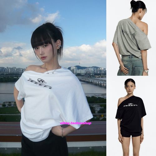 eihey诶嘿夏季新品斜肩气质露肩短袖T恤翅膀字母印花宽松上衣女