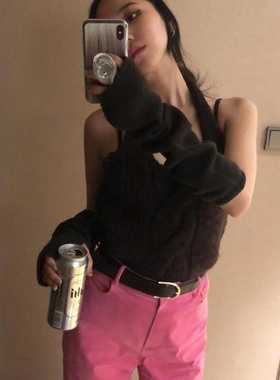 eihey诶嘿新款女士露肩纯欲风可分离挂脖性感吊带手套毛衣针织衫