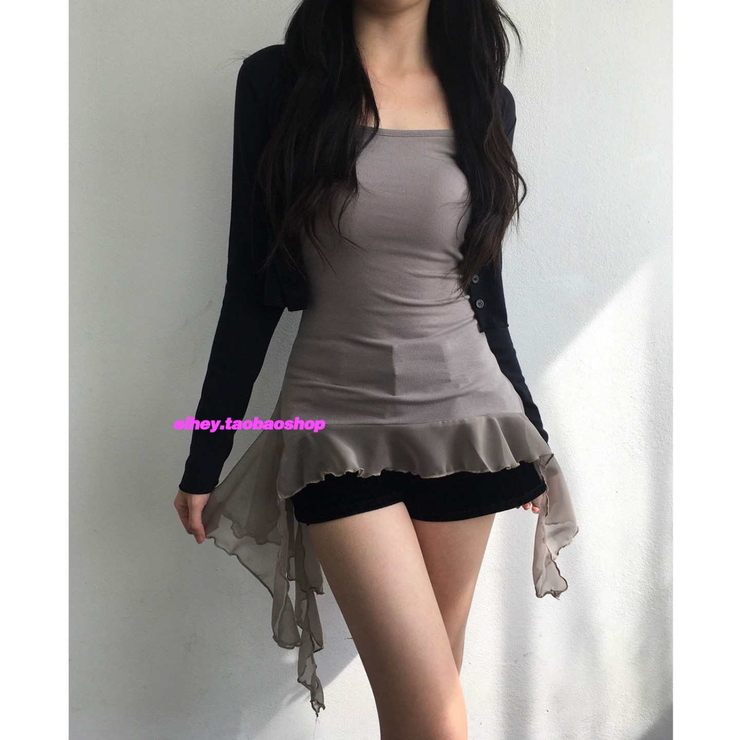eihey诶嘿夏季新款美式辣妹木耳边拼接吊带背心不规则飘带上衣女