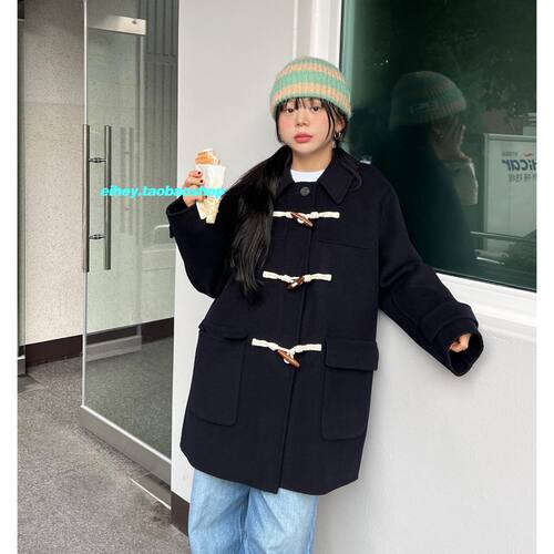 羊角扣夹棉毛呢外套廓形呢子大衣