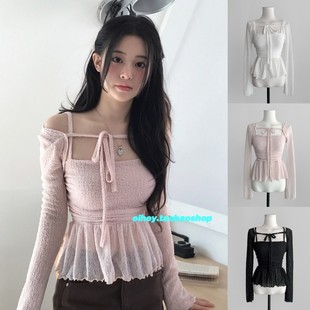 eihey诶嘿夏季纯欲温柔蕾丝荷叶边泡芙褶皱吊带+绑带开衫女两件套