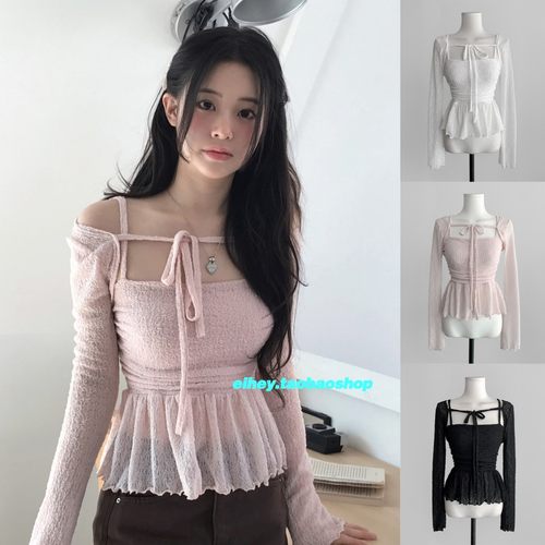 eihey诶嘿夏季纯欲温柔蕾丝荷叶边泡芙褶皱吊带+绑带开衫女两件套