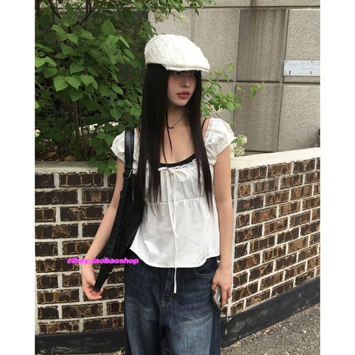 eihey诶嘿蕾丝拼接蝴蝶结套头衬衫女bm甜美纯欲风显瘦百搭上衣夏