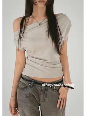 eihey诶嘿小众设计感时尚一字肩露肩褶皱收腰显瘦上衣短袖T恤女夏