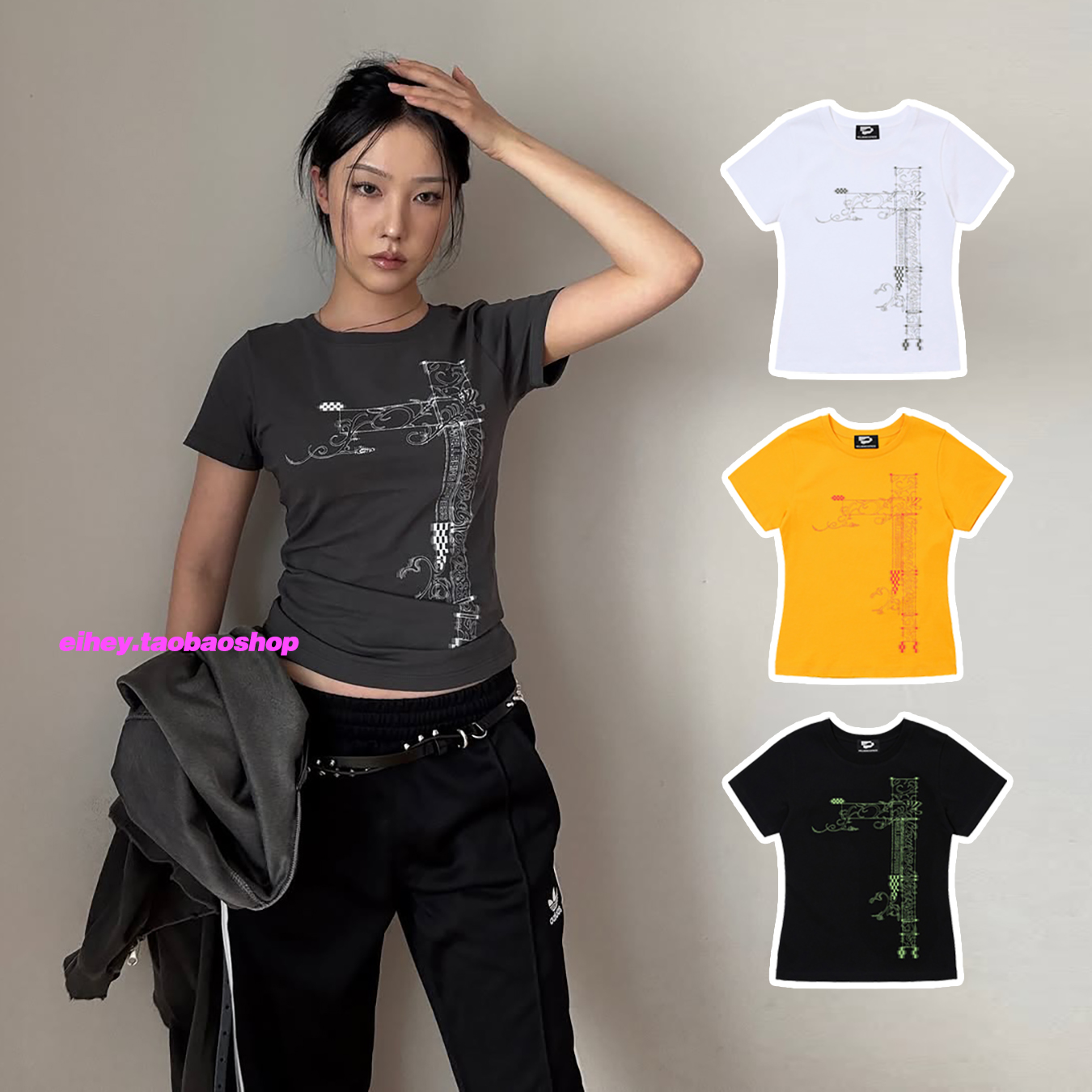 eihey诶嘿夏季新款印花y2k修身复古短袖印花修身收腰百搭短袖T恤