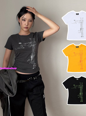 eihey诶嘿夏季新款印花y2k修身复古短袖印花修身收腰百搭短袖T恤