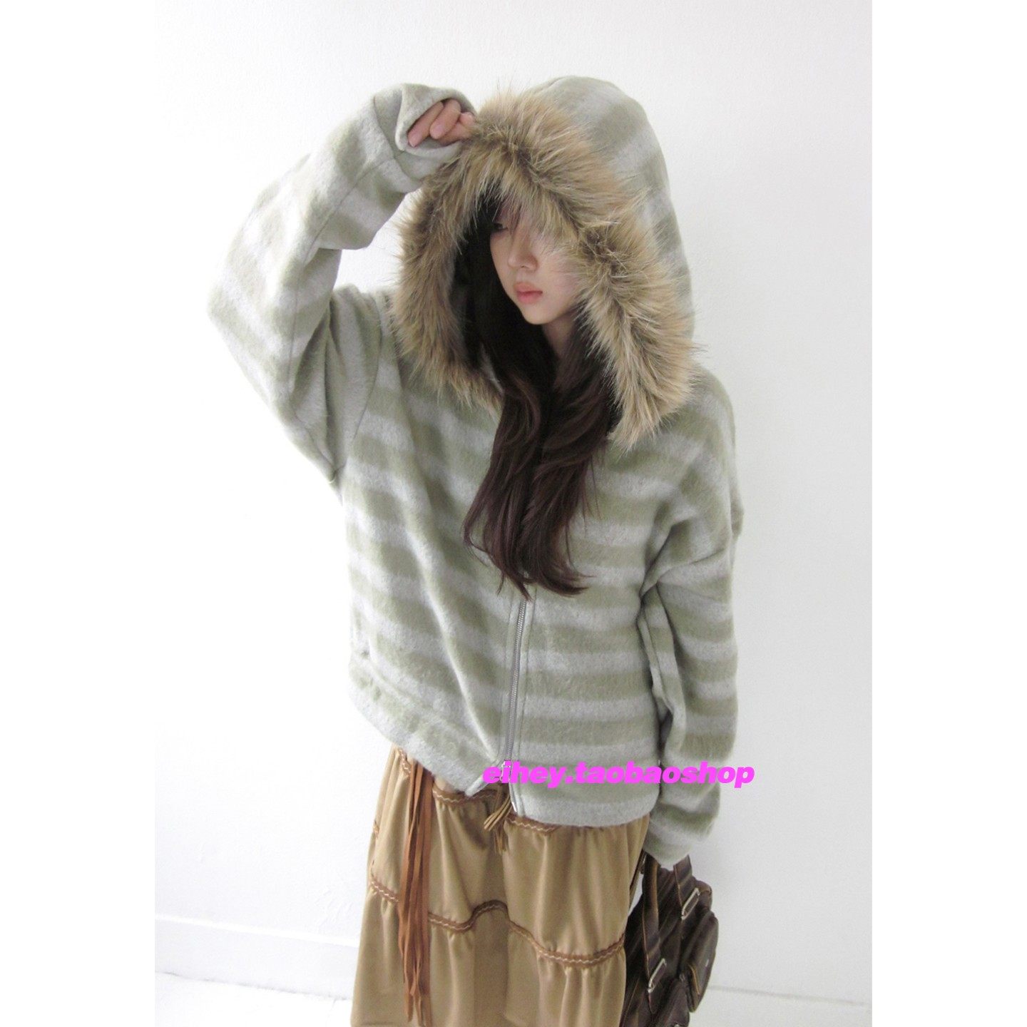 eihey诶嘿毛毛领低饱和绒绒撞色条纹连帽针织卫衣宽松短款外套女,女装/女士精品,卫衣/绒衫,淘宝优惠券,粉丝福利购,淘宝优惠卷