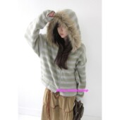 eihey诶嘿毛毛领低饱和绒绒撞色条纹连帽针织卫衣宽松短款 外套女